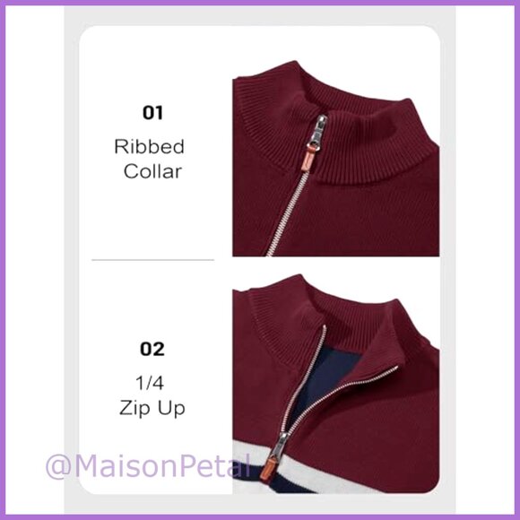 Men's 1/4 Zip Cotton Sweater Pullover Striped Long Sleeve - Picture 5 of 7